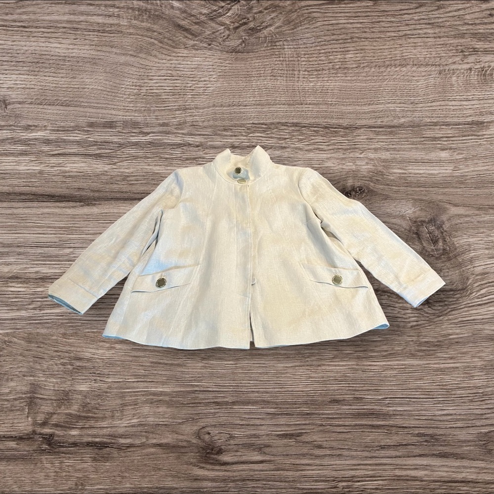 Adrienne Vittadini Women’s Tan Linen Jacket Blazer High Collar Gold Buttons 10